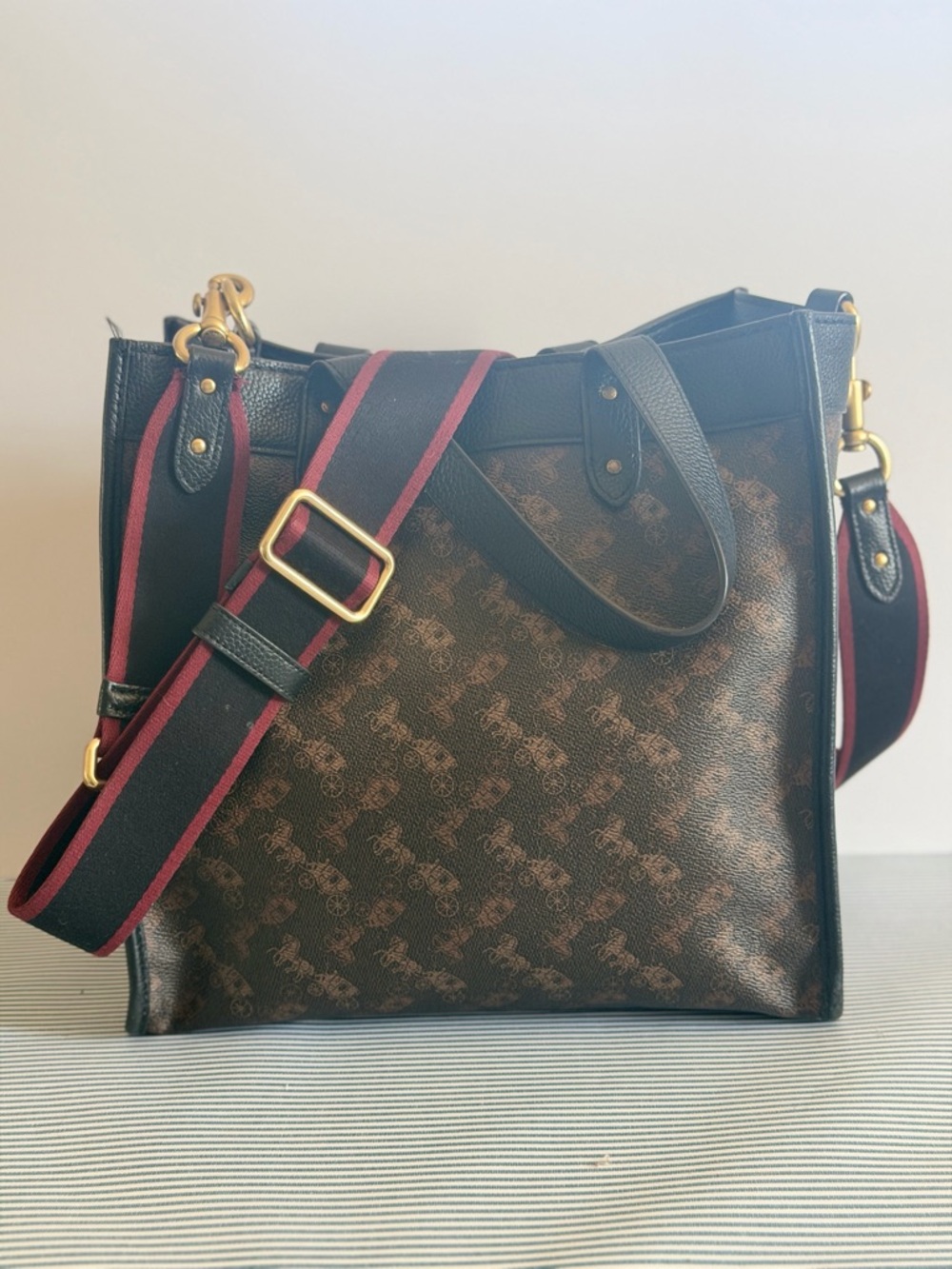 Coach Brown Monogram Tote with Black Trim and Burgundy Strap